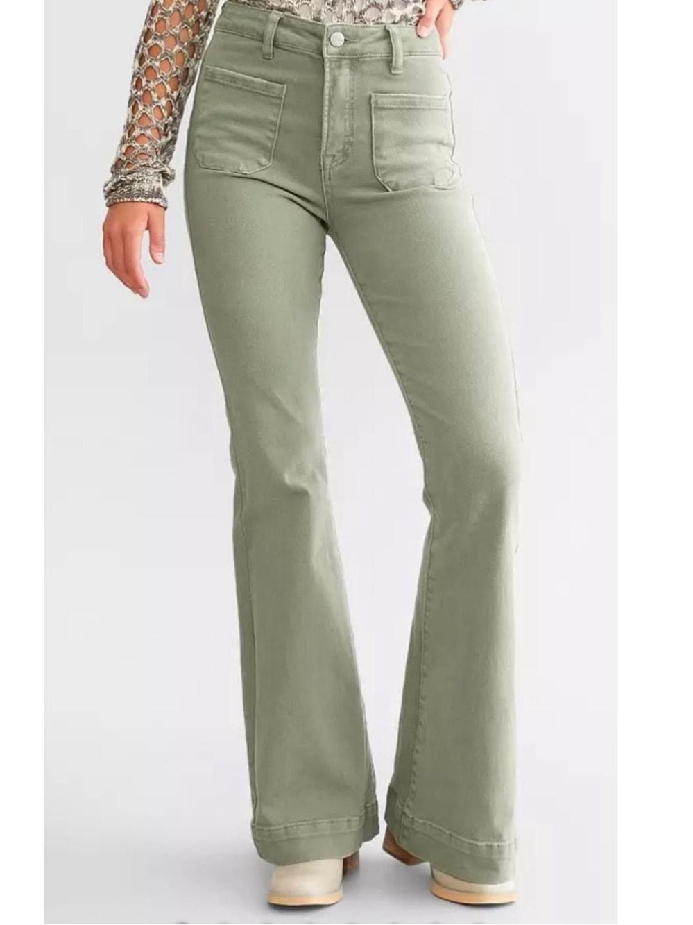 Risen Jeans Olive Green High-Rise Flare Pants